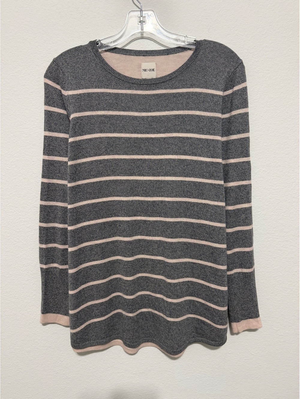 Nic+Zoe Gray/Pink Striped Long Sleeve Round Neck Pullover Sweater Women's Size M
